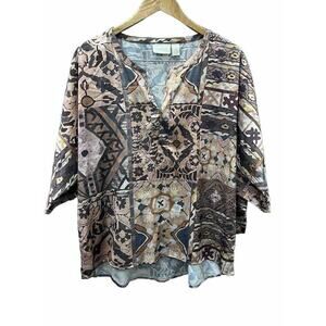 Chico's chicos sz 3 xl Blouse Brown Print Gold silky tie sleeves career blouse